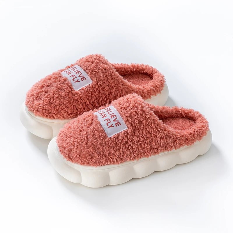 Storazone Red / 36-37 Thick Sole Home Indoor Outside Men And Women Couples Winter Household Warm Fluffy Slippers High Heels Plush Cotton Shoes Ladies