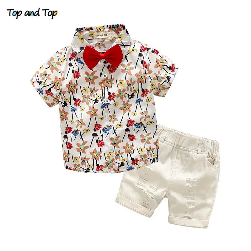 Storazone Red / 5 Top and Top Children Boy Summer Clothing Set Short Sleeve Printed Shirt+Shorts Gentleman 2Pcs Suit Kids Boys Clothes Sets