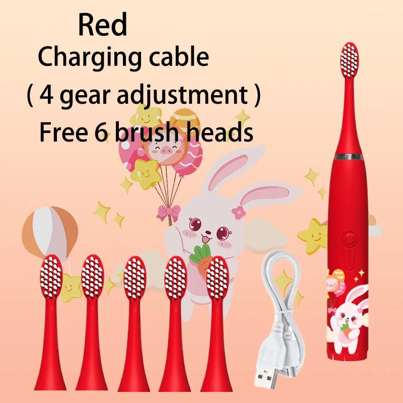 Storazone Red 6 Head Children Sonic Electric Toothbrush Colorful Cartoon For Kids Rechargeable Soft Fur Automatic Waterproof With Replacement Head