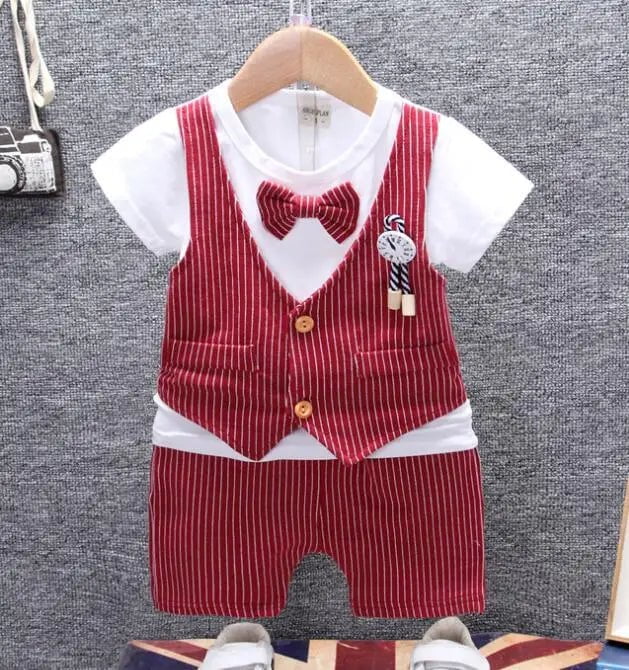 Storazone Red / 9M Summer Kids Baby Boy Bow Tie Formal Clothing Set Children Gentleman Short Shirt + Pants 2PCS Toddler Boys Clothes Outfits