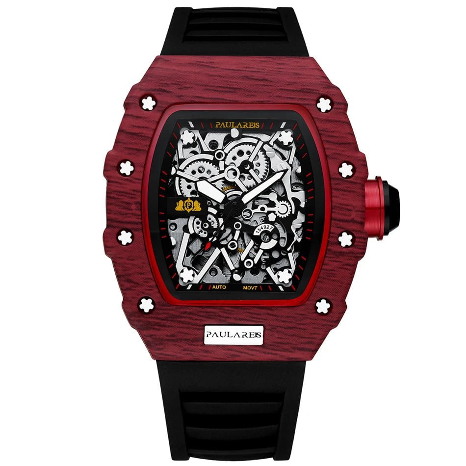 Storazone Red Black 2 Men Automatic Self Wind Skeleton Mechanical Red Black Rubber Strap Richard Fashion Tonneau Watch