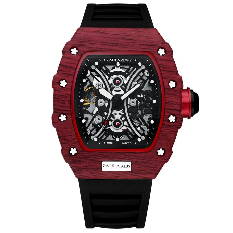 Storazone Red Black 3 Men Automatic Self Wind Skeleton Mechanical Red Black Rubber Strap Richard Fashion Tonneau Watch