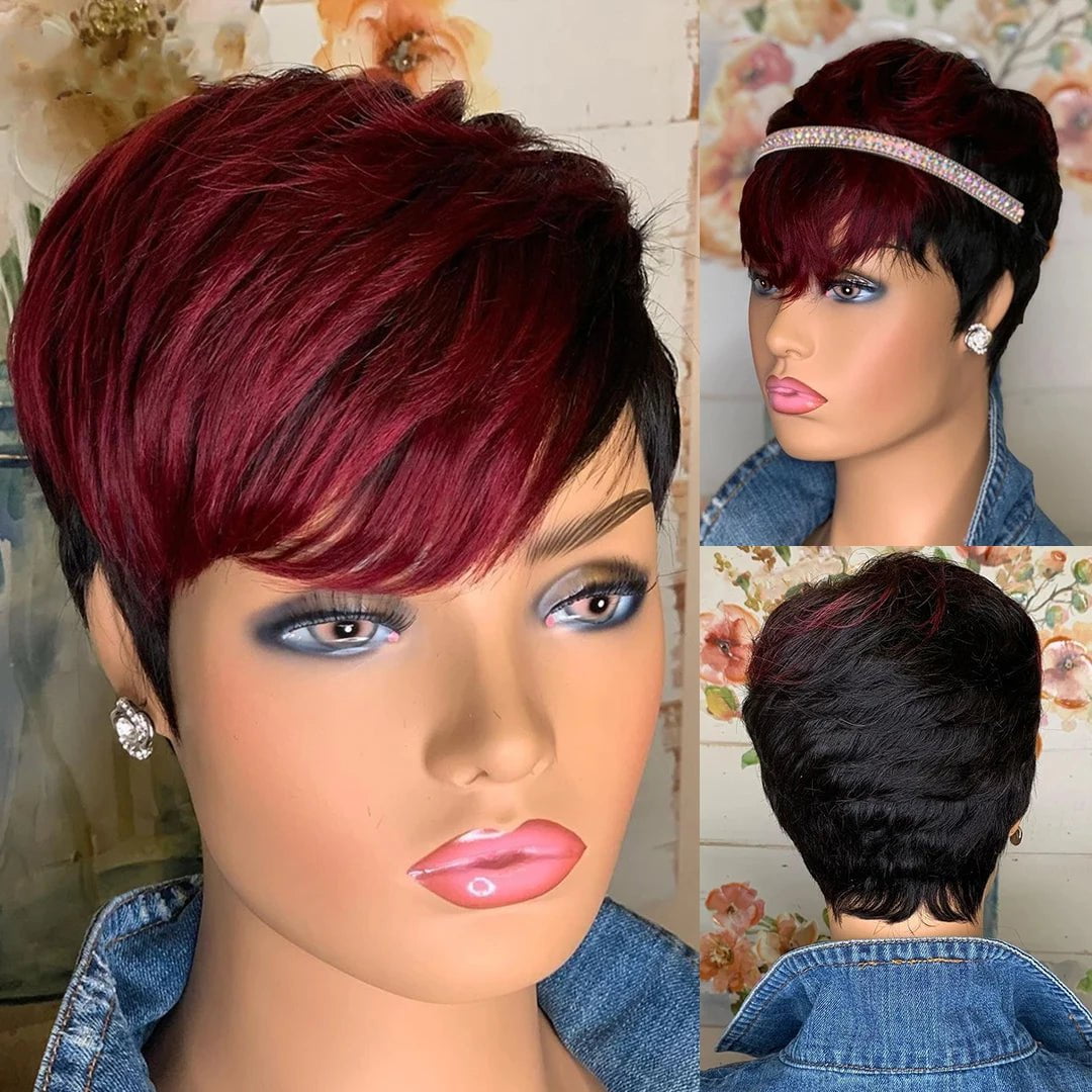 Storazone Red Color / france / 6inches | 150% Red Short Bob Pixie Cut Wigs For Women Human Hair Brazilian Bone Straight Cheap Full Machine Made Human Hair Wigs With Bangs
