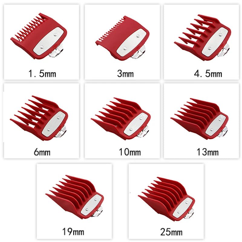 Storazone Red Kemei Hair Clipper Limit Comb Guide Attachment Size Barber Replacement 1.5/3/4.5/6/10/13/19/25/mm 8pcs Set For 1990 809A 1761