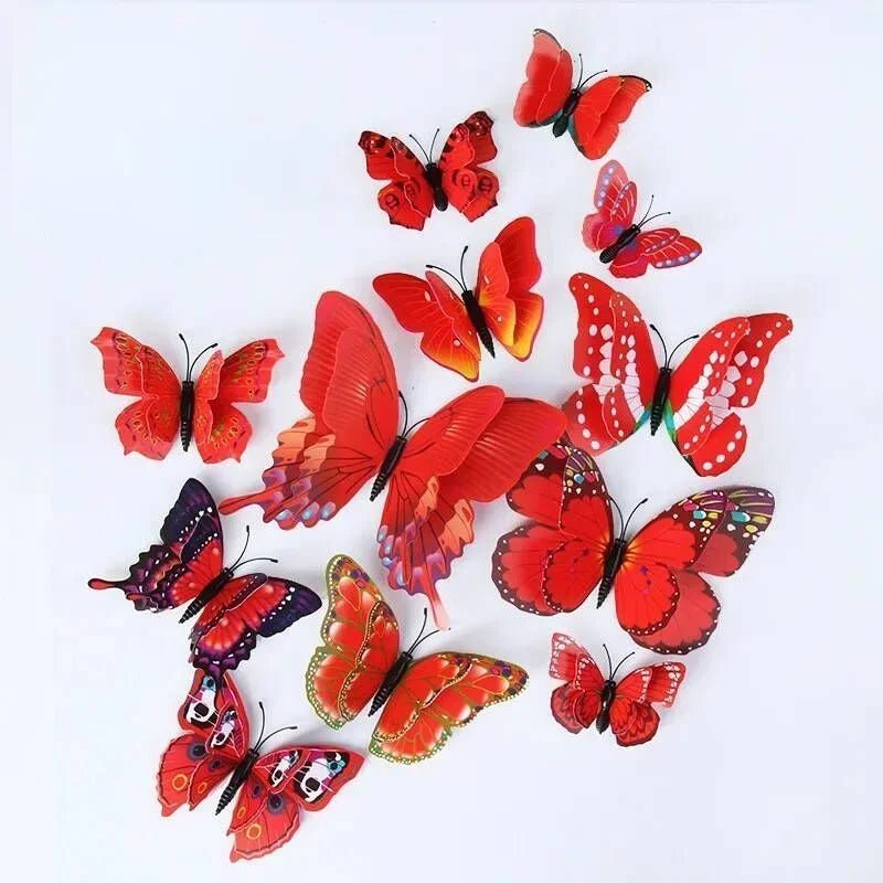 Storazone Red - Magnet 12pcs 3D Double Layer Butterflies Wall Stickers Living Room Decor Wedding Kids  Decoration DIY  Art Magnet