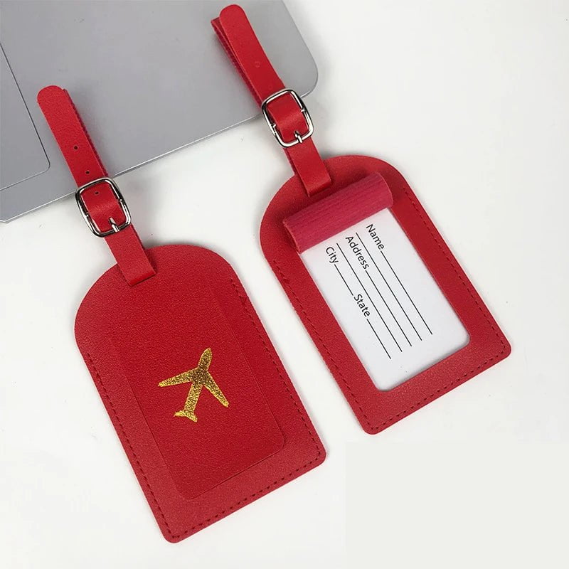Storazone Red Portable 1PC PU Leather Luggage Tag Suitcase Identifier Label Baggage Boarding Bag Tag Name ID Address Holder Travel Accessories