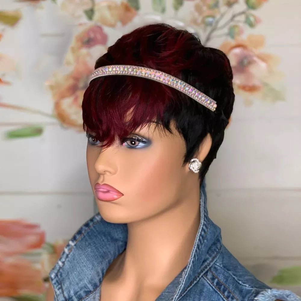 Storazone Red Short Bob Pixie Cut Wigs For Women Human Hair Brazilian Bone Straight Cheap Full Machine Made Human Hair Wigs With Bangs