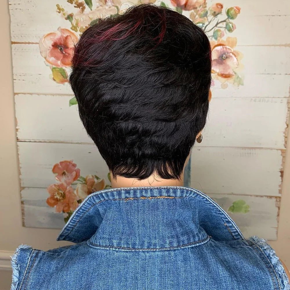 Storazone Red Short Bob Pixie Cut Wigs For Women Human Hair Brazilian Bone Straight Cheap Full Machine Made Human Hair Wigs With Bangs
