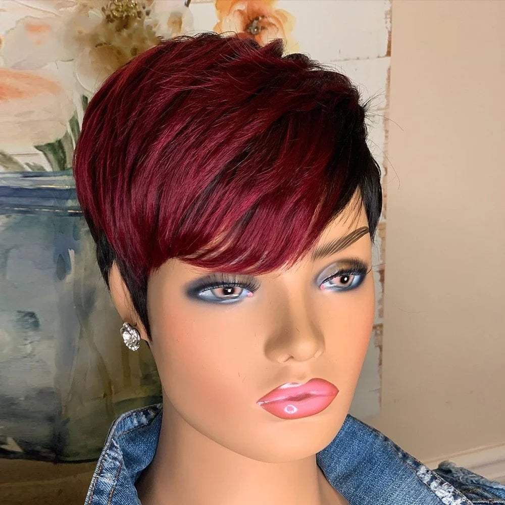 Storazone Red Short Bob Pixie Cut Wigs For Women Human Hair Brazilian Bone Straight Cheap Full Machine Made Human Hair Wigs With Bangs