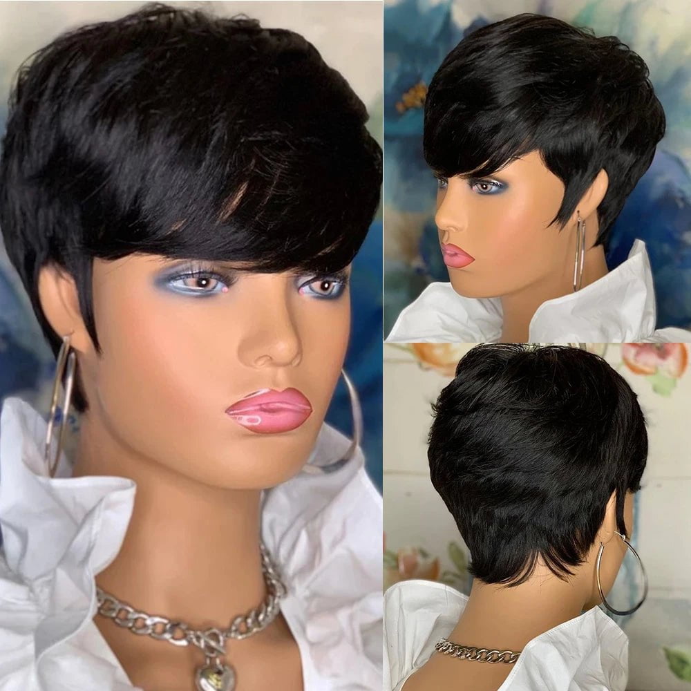 Storazone Red Short Bob Pixie Cut Wigs For Women Human Hair Brazilian Bone Straight Cheap Full Machine Made Human Hair Wigs With Bangs