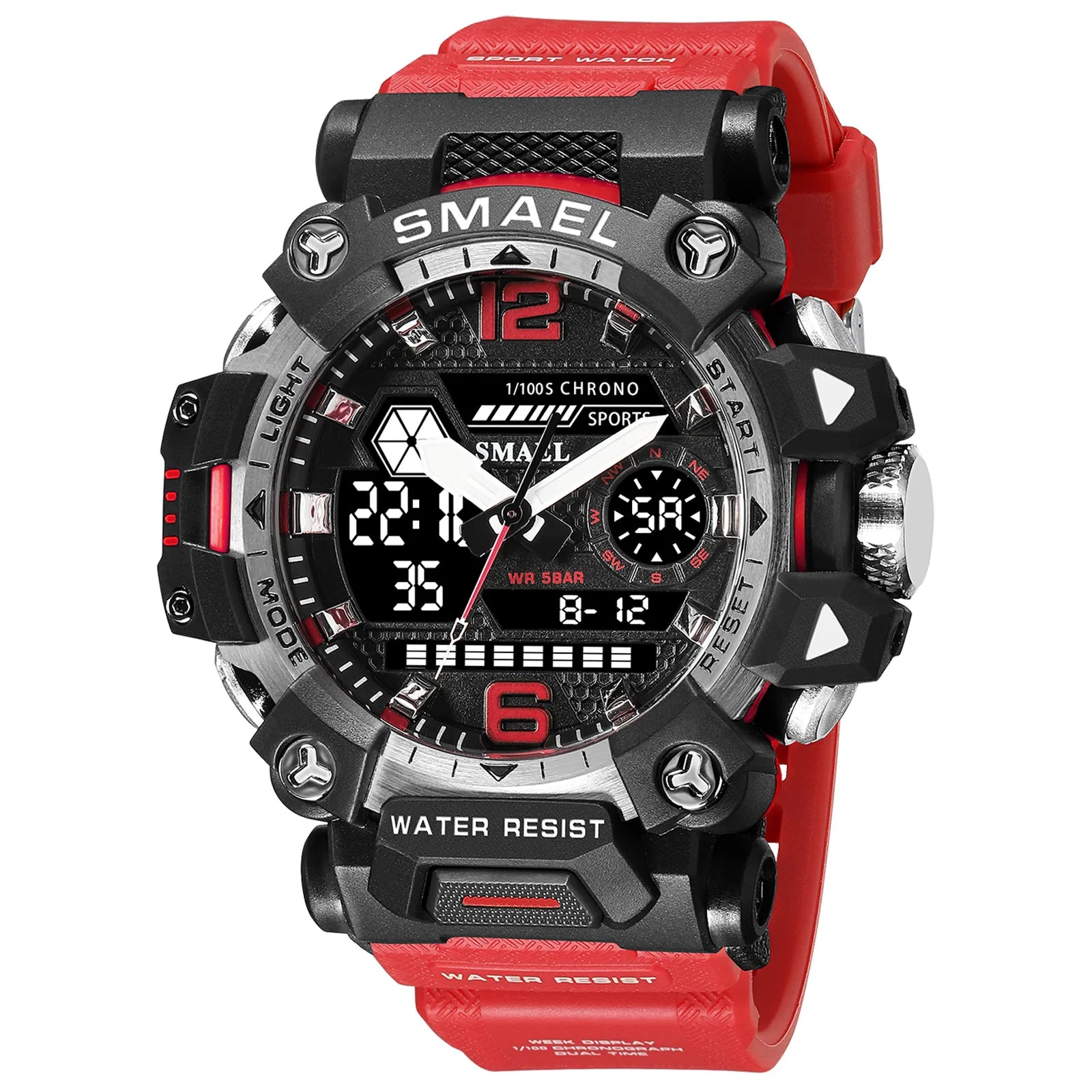 Storazone Red SMAEL Dual Display Men Watches Waterproof Sports Watch Military Man Alarm Stopwatch Quartz Wristwatch Male Digital Clock 8072