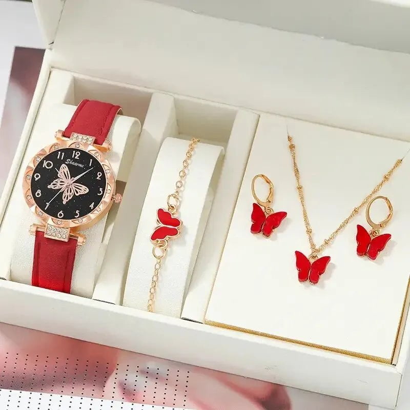 Storazone Red Women Luxury Watch Ring Necklace Earrings Rhinestone Butterfly Fashion Wristwatch Female Casual Ladies Watches Set Clock