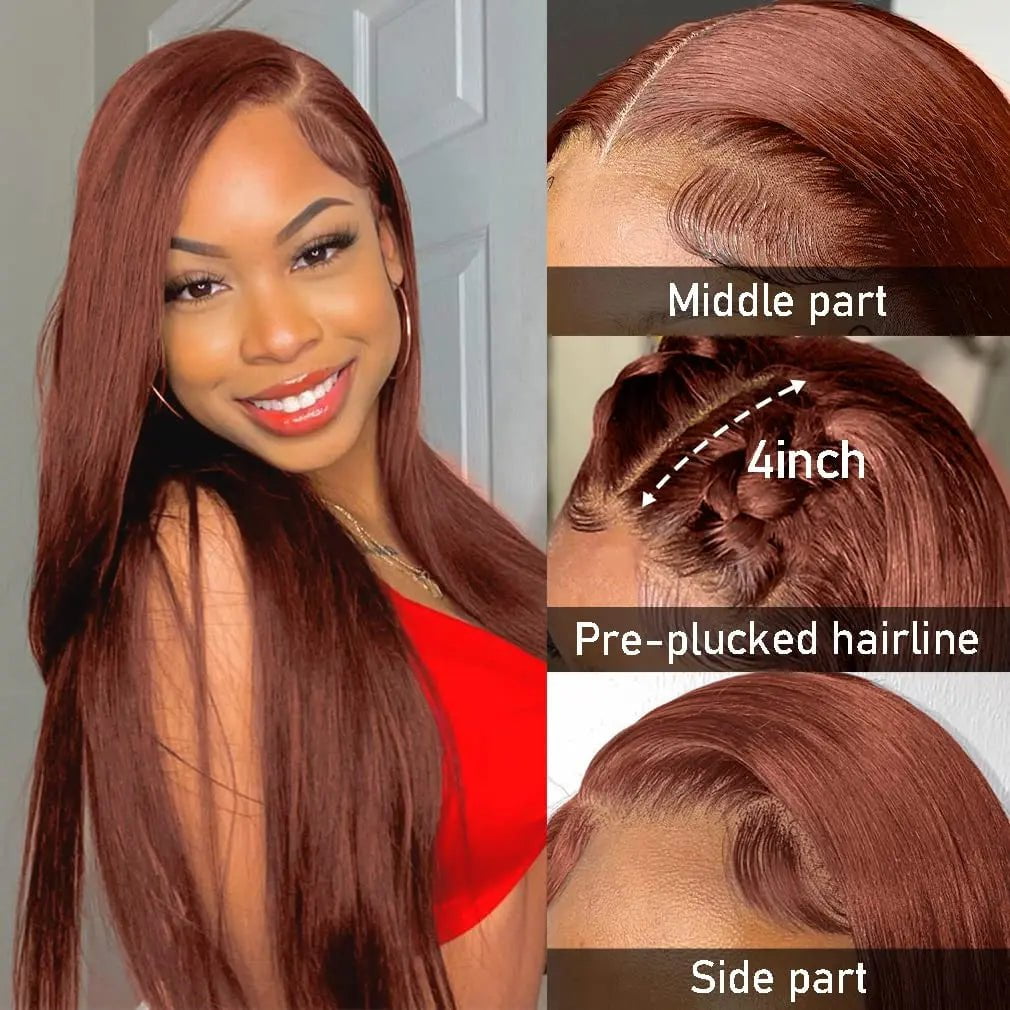 Storazone Reddish Brown Lace Front Human Hair Pre Plucked Dark Red Brown Bone Straight 13x4 13x6 HD Lace frontal Wig On Sale Clearance