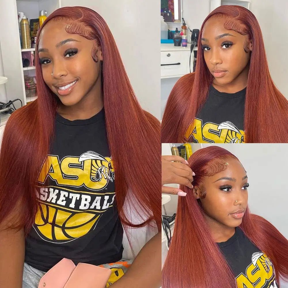 Storazone Reddish Brown Lace Front Human Hair Pre Plucked Dark Red Brown Bone Straight 13x4 13x6 HD Lace frontal Wig On Sale Clearance