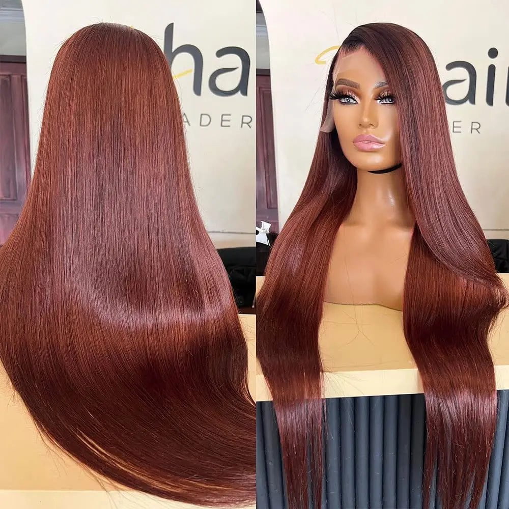 Storazone Reddish Brown Lace Front Human Hair Pre Plucked Dark Red Brown Bone Straight 13x4 13x6 HD Lace frontal Wig On Sale Clearance