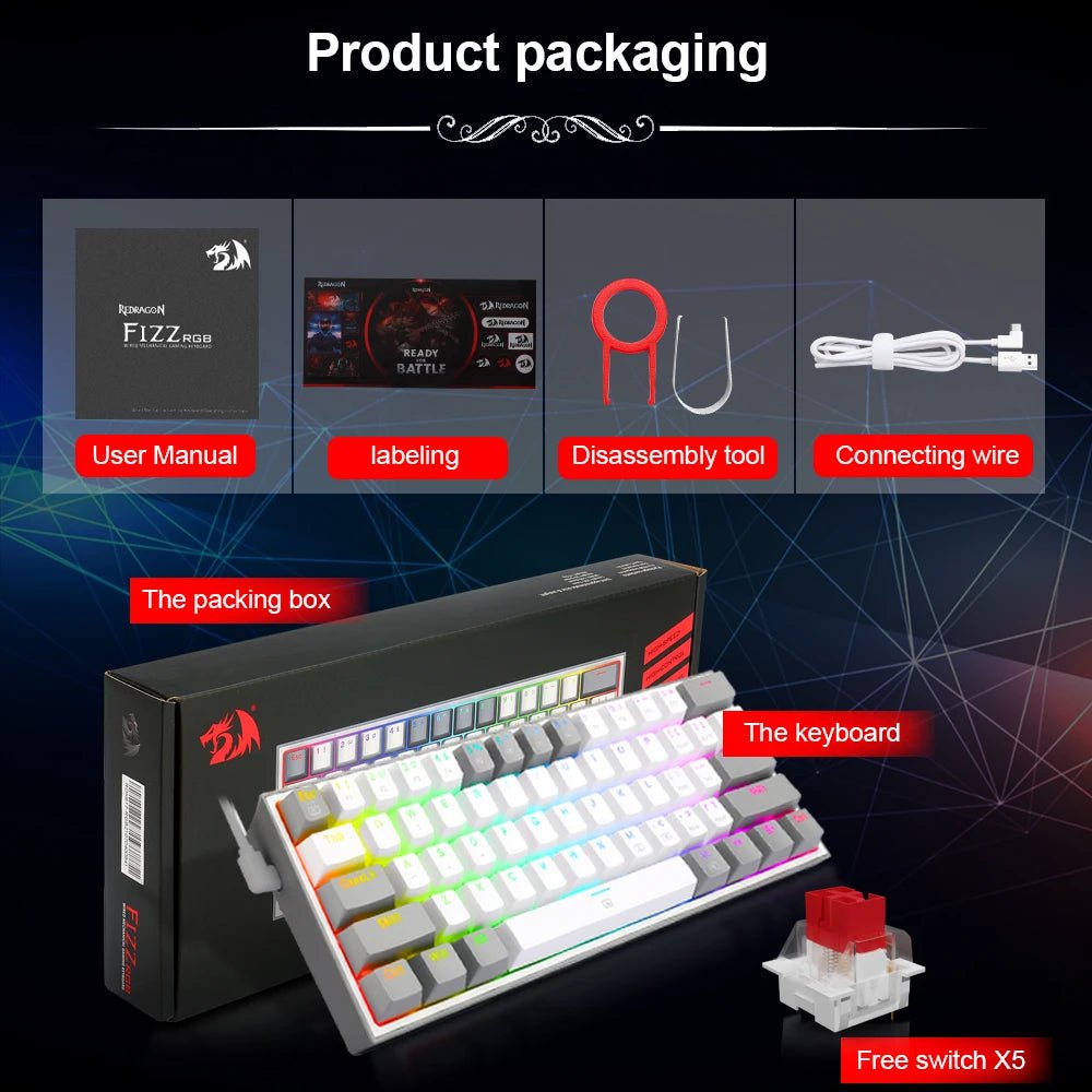 Storazone REDRAGON Fizz K617 RGB USB Mini Mechanical Gaming Wired Keyboard Red Switch 61 Key Gamer for Computer PC Laptop detachable cable