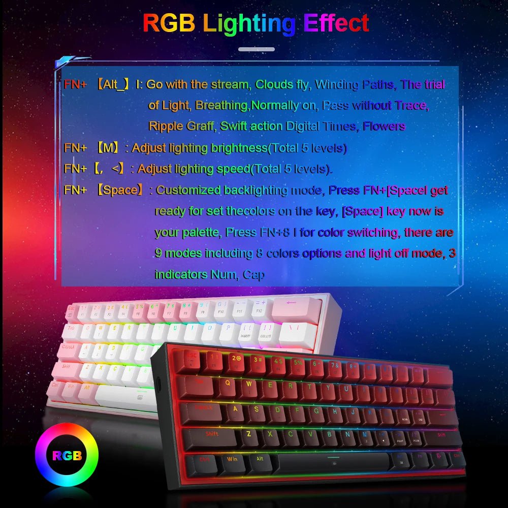 Storazone REDRAGON Fizz K617 RGB USB Mini Mechanical Gaming Wired Keyboard Red Switch 61 Key Gamer for Computer PC Laptop detachable cable