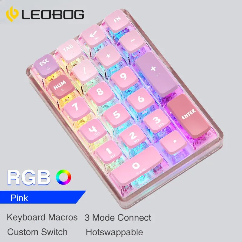 Storazone RGB Light-Pink / Ice Crystal Axis / CN LEOBOG K21 Bluetooth Number Pad Mechanical Numeric Keypad 21 Key Transparent Photoshop Accounting Numpad Gaming Keyboard