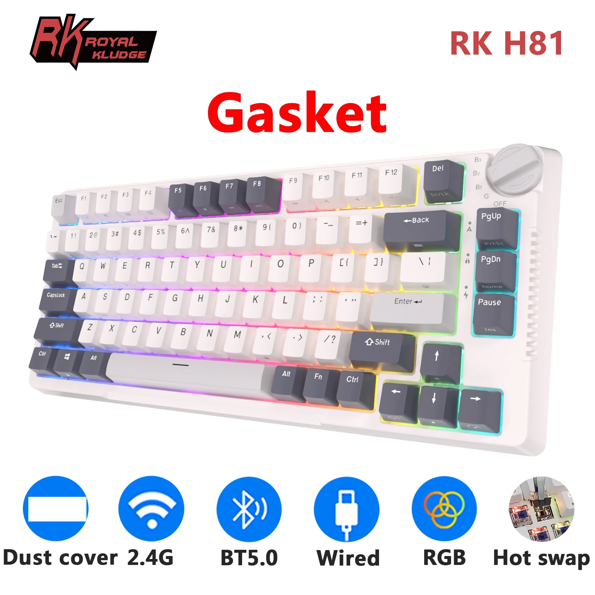 Storazone RK H81 Royal Kludge Gasket Structure Tri-mode Mechanical Keyboard 81 Key 80% RGB Backlit 2.4G Wireless Bluetooth Gamer Keyboard