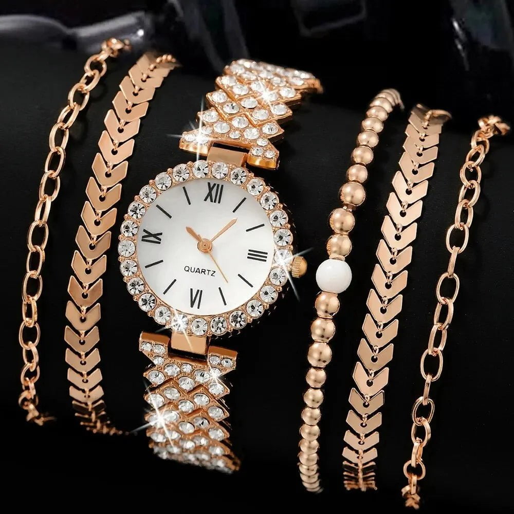 Storazone Rose 6pcs Dainty Rhinestone Quartz Watch With Jewelry Set Fashion Round Women Watch Multilayer Gold Bracelet Set