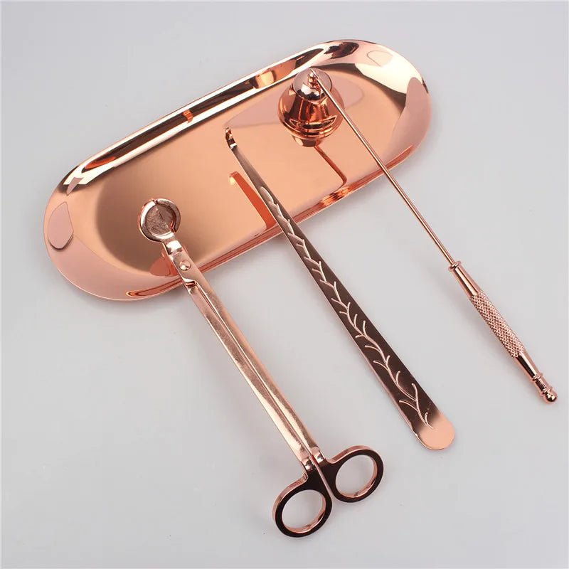 Storazone Rose gold 3PCS Candle Wick Trimmer Scissors Extinguisher Hooks Candle Accessories Set Home Care Candle Tool Stainless Steel Portable