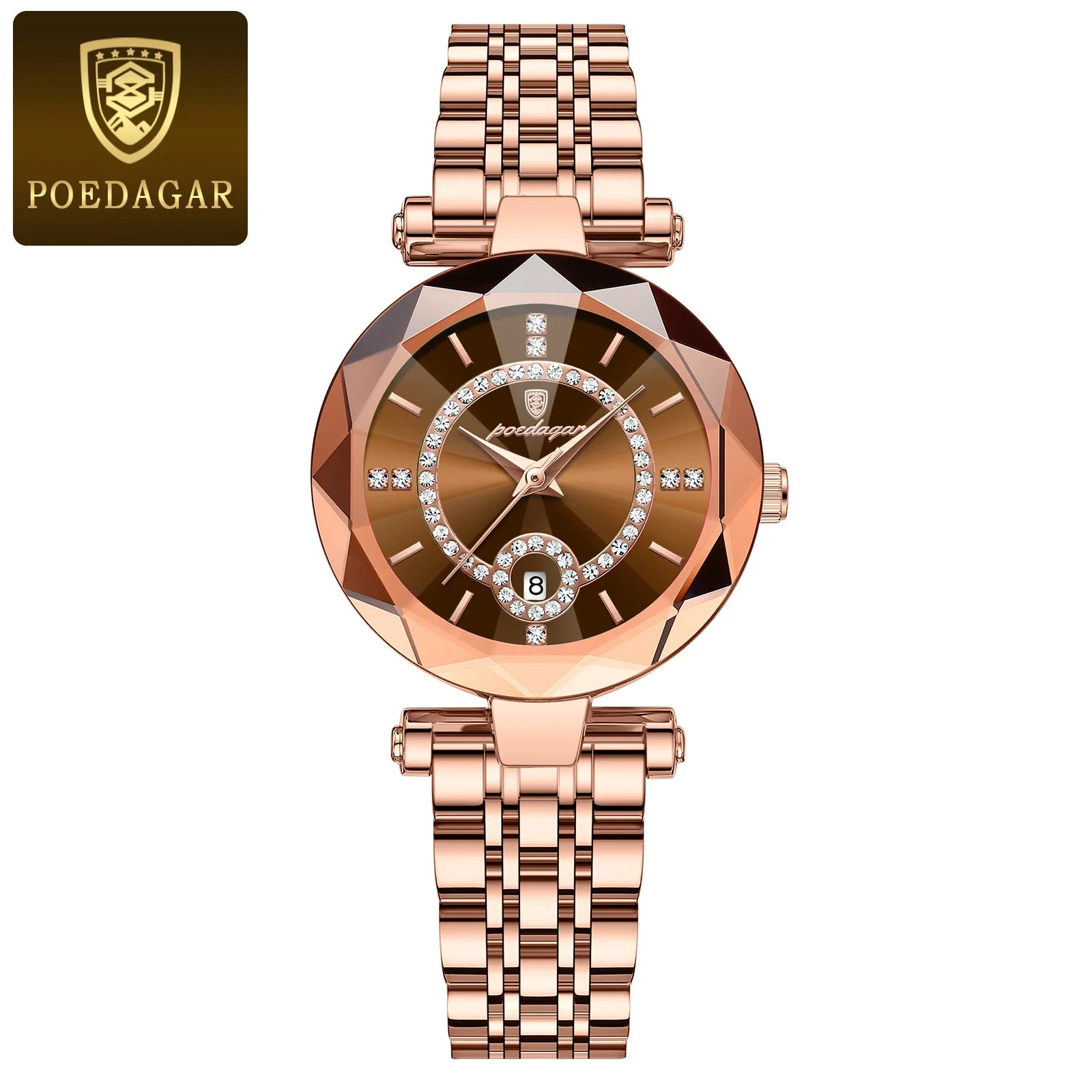 Storazone Rose Gold Brown POEDAGAR Luxury Watch For Woman High Quality Diamond Ladies Quartz Watch Waterproof Date Stainless Steel Women Watches reloj+box