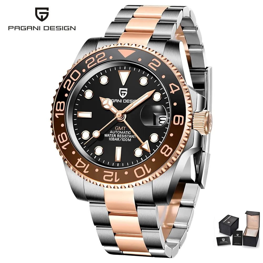 Storazone Rose gold PAGANI DESIGN PD-1662 Luxury GMT Men Mechanical Wristwatch Sapphire Glass Stainless Steel 100M Waterproof Automatic Watches