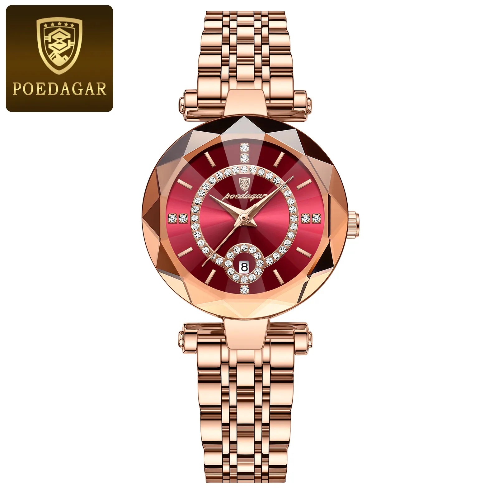 Storazone Rose Gold Red POEDAGAR Luxury Watch For Woman High Quality Diamond Ladies Quartz Watch Waterproof Date Stainless Steel Women Watches reloj+box