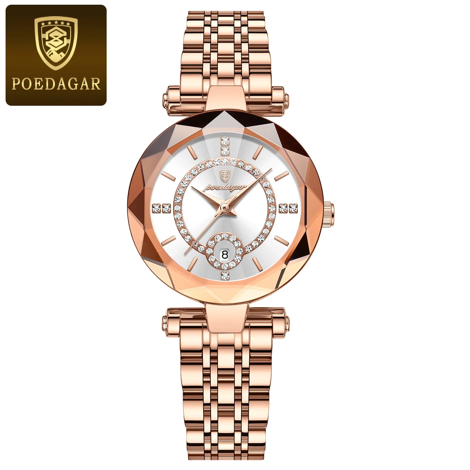 Storazone Rose Gold White POEDAGAR Luxury Watch For Woman High Quality Diamond Ladies Quartz Watch Waterproof Date Stainless Steel Women Watches reloj+box