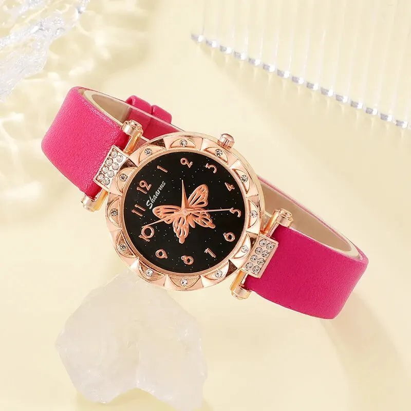 Storazone Rose Red 5PCS Set Womens Fashion Quartz Watch Female Clock Rose Red Butterfly Luxury Brand Design Women Watches Simple Ladies Wrist Watch