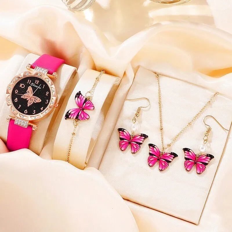 Storazone Rose Red 5PCS Set Womens Fashion Quartz Watch Female Clock Rose Red Butterfly Luxury Brand Design Women Watches Simple Ladies Wrist Watch