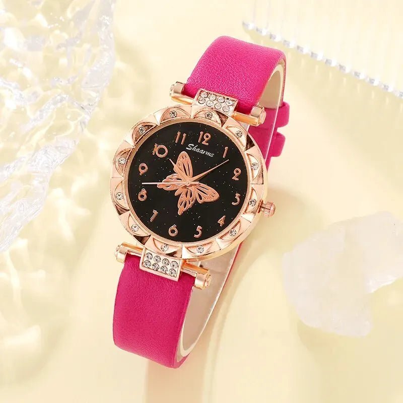 Storazone Rose Red 5PCS Set Womens Fashion Quartz Watch Female Clock Rose Red Butterfly Luxury Brand Design Women Watches Simple Ladies Wrist Watch