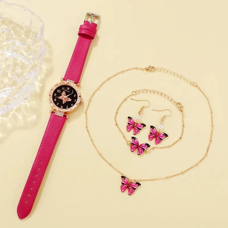 Storazone Rose Red 5PCS Set Womens Fashion Quartz Watch Female Clock Rose Red Butterfly Luxury Brand Design Women Watches Simple Ladies Wrist Watch