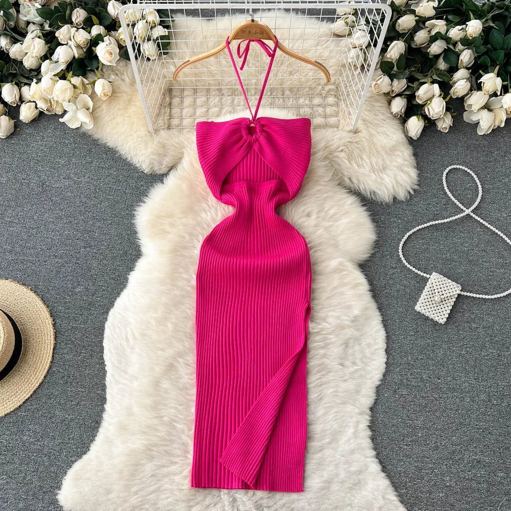 Storazone Rose Red / One Size YuooMuoo Chic Fashion Sexy Package Hips Split Knitted Summer Dress Women Slim Elastic Bodycon Party Dress Streetwear Outfits