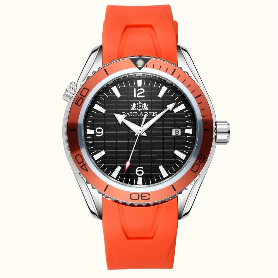 Storazone Rubber Orange Automatic Self Wind Mechanical Stainless Steel Strap Simple Orange Blue Bezel  Date Business Men Watch