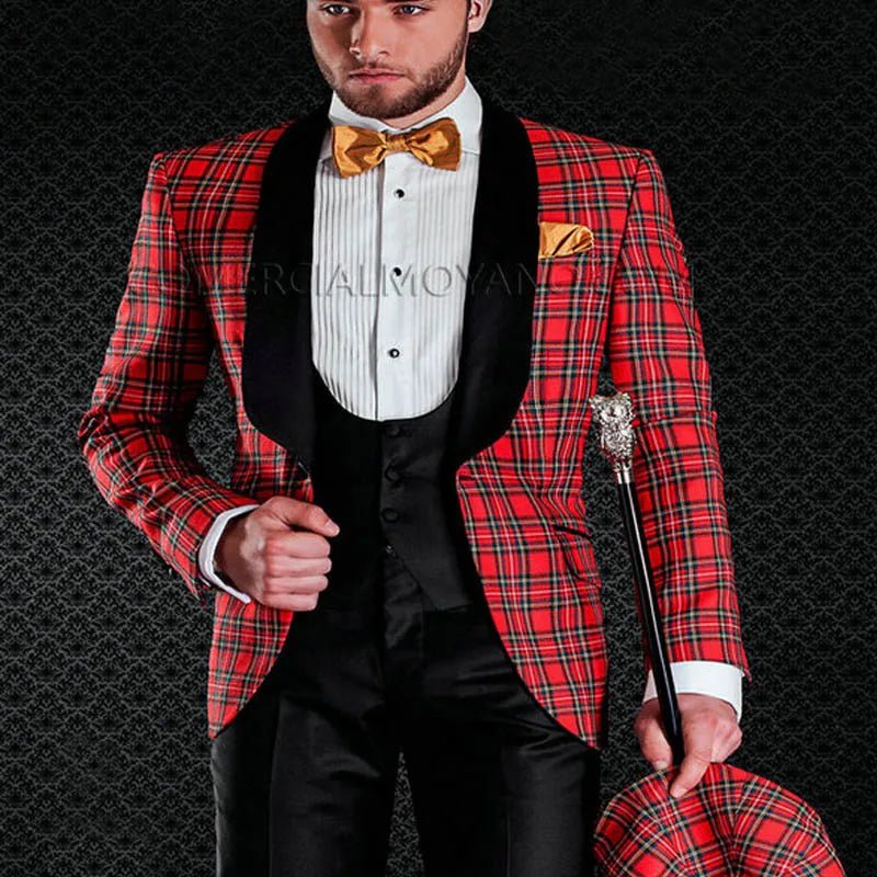 Storazone Same as Image / XXL / CHINA Scottish Plaid Groom Tuxedos for Wedding Prom Mens Suit Shawl Lapel Tailored Made Vest 3 Piece Set Jacket with Black Pants