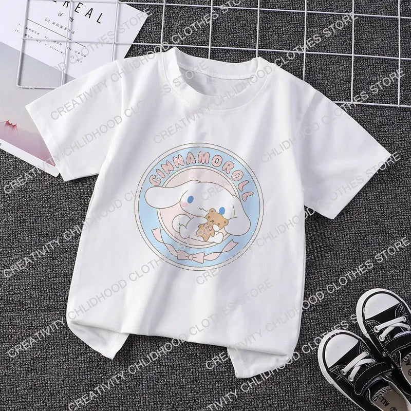 Storazone Sanrio Cinnamoroll Clothing for Girls Children T-shirt Kawaii T Shirt Hello Kitty Cartoons Casual Clothes Anime Tee Kid Boy Tops