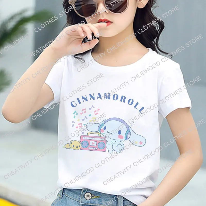 Storazone Sanrio Cinnamoroll Clothing for Girls Children T-shirt Kawaii T Shirt Hello Kitty Cartoons Casual Clothes Anime Tee Kid Boy Tops