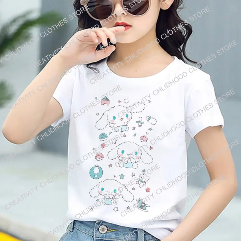 Storazone Sanrio Cinnamoroll Clothing for Girls Children T-shirt Kawaii T Shirt Hello Kitty Cartoons Casual Clothes Anime Tee Kid Boy Tops