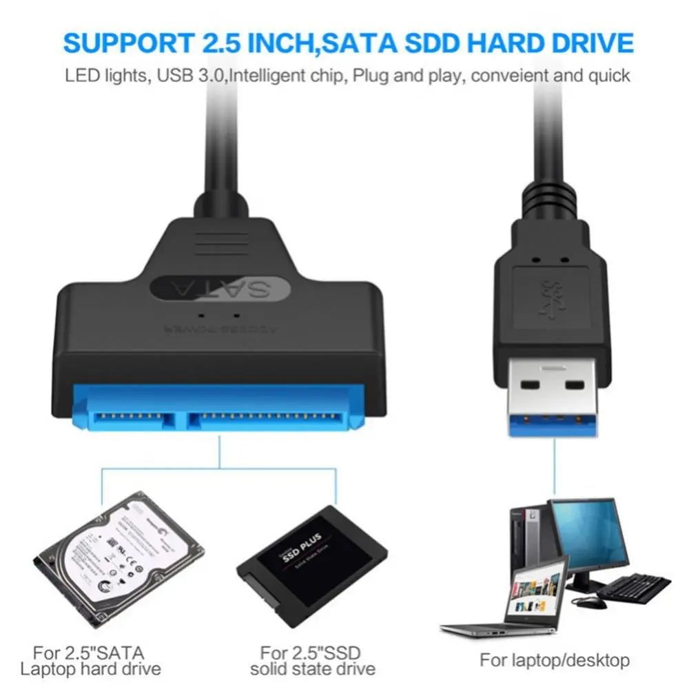 Storazone SATA To USB 3.0 / 2.0 Cable Up To 6 Gbps For 2.5 Inch External HDD SSD Hard Drive SATA 3 22 Pin Adapter USB 3.0 To Sata III Cord