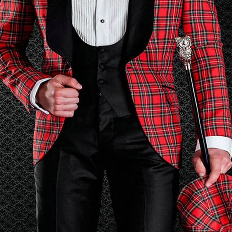 Storazone Scottish Plaid Groom Tuxedos for Wedding Prom Mens Suit Shawl Lapel Tailored Made Vest 3 Piece Set Jacket with Black Pants