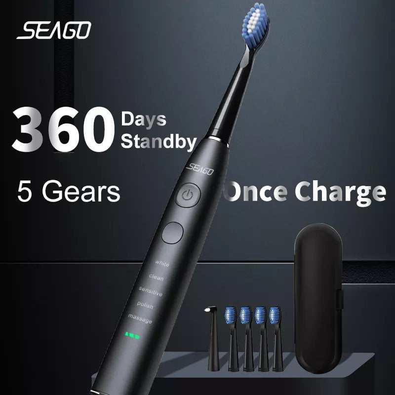 Storazone Seago Electric Sonic Toothbrush USB Rechargeable Adult 360 Days Long Battery Life with 4 Replacement Heads Gift SG-575