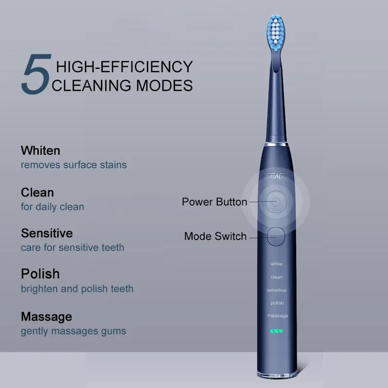 Storazone Seago Electric Sonic Toothbrush USB Rechargeable Adult 360 Days Long Battery Life with 4 Replacement Heads Gift SG-575