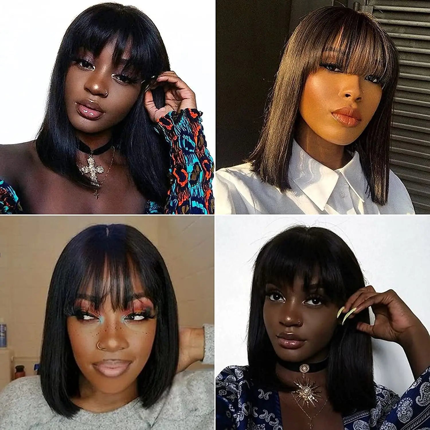 Storazone Short Bob Wig Straight Human Hair Wigs Full Machine Made Wigs Natural Color With Bangs Brazilian Remy Bob Wigs For Women No Lace