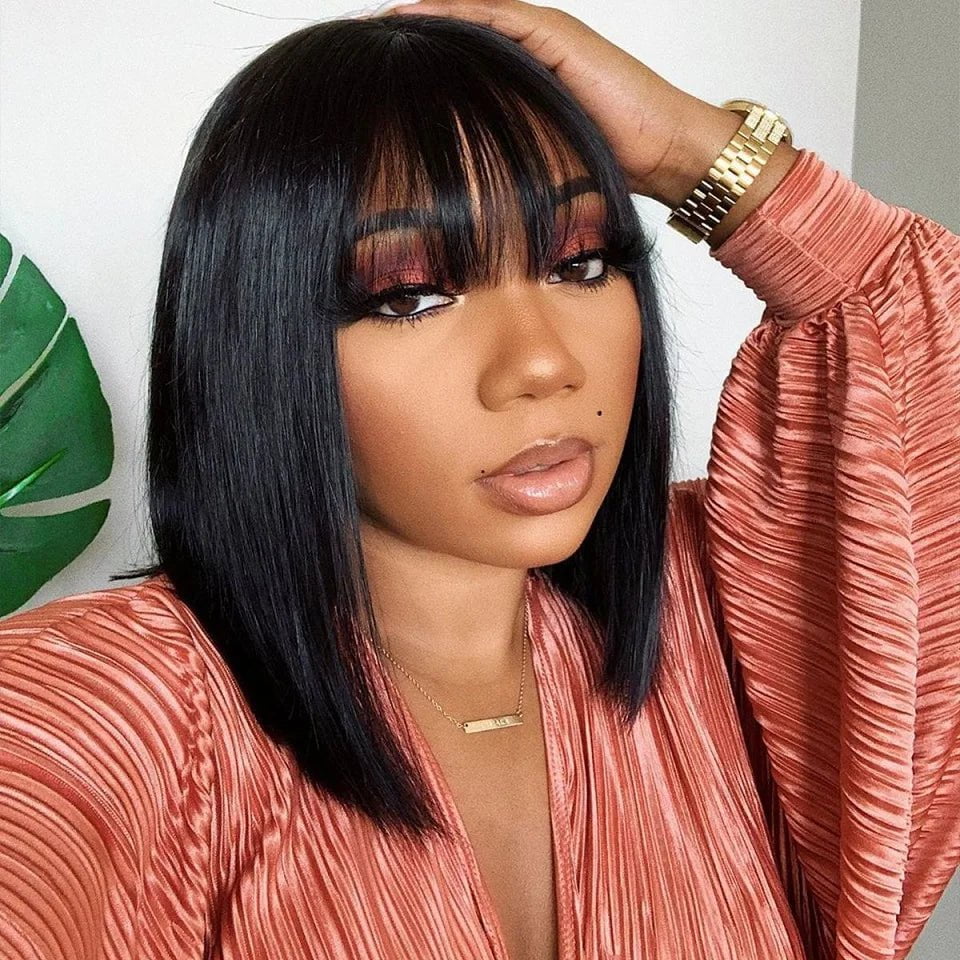 Storazone Short Bob Wig Straight Human Hair Wigs Full Machine Made Wigs Natural Color With Bangs Brazilian Remy Bob Wigs For Women No Lace