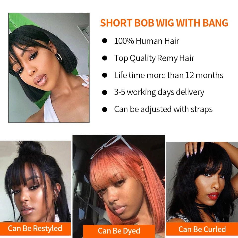 Storazone Short Bob Wig Straight Human Hair Wigs Full Machine Made Wigs Natural Color With Bangs Brazilian Remy Bob Wigs For Women No Lace