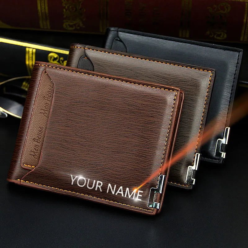 Storazone Short Men Wallets Free Name Engraving Luxury Slim Card Holder Male Purse Classic Zipper Coin Pocket Brand Men's Draw Card Wallet