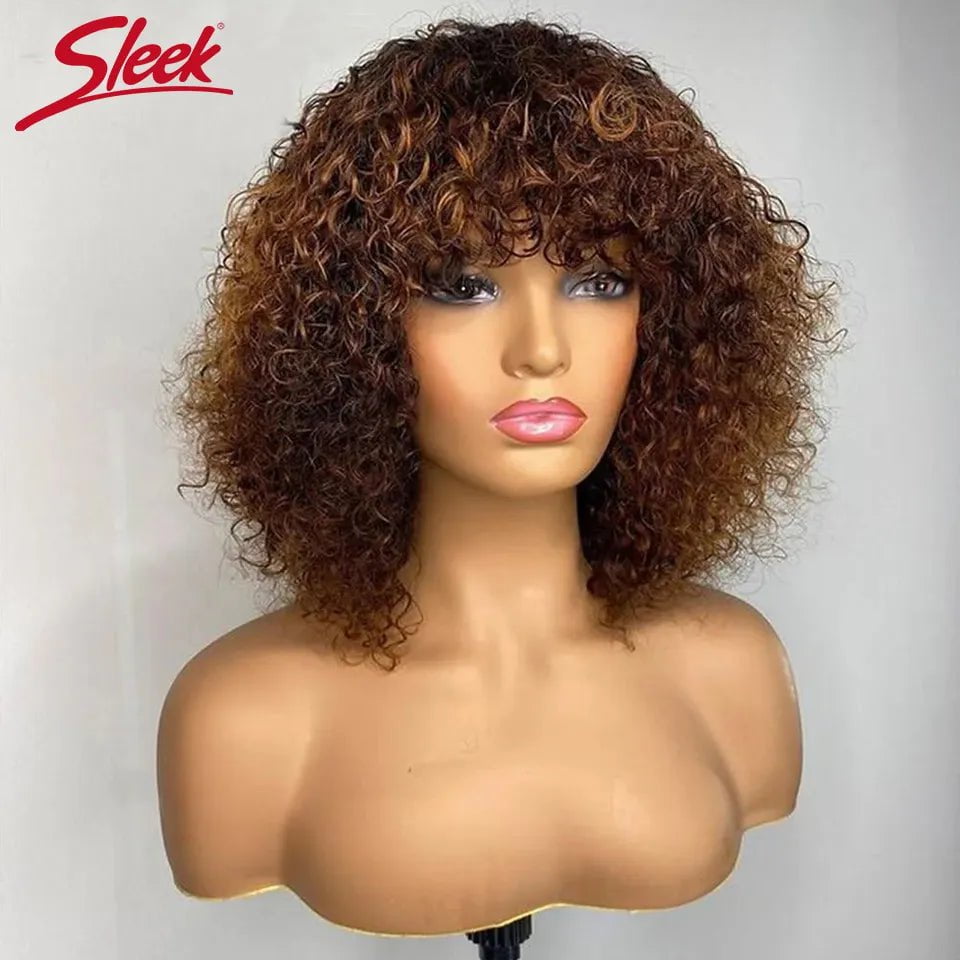 Storazone Short Pixie Bob Cut Human Hair Wigs With Bangs Jerry Curly Non lace front Wig Highlight Honey Blonde Colored Wigs For Women