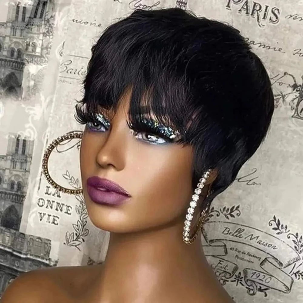 Storazone Short Pixie Cut Wig Human Hair For Black Women Machine Made Wigs With Bangs Glueless Wig Human Hair Wigs