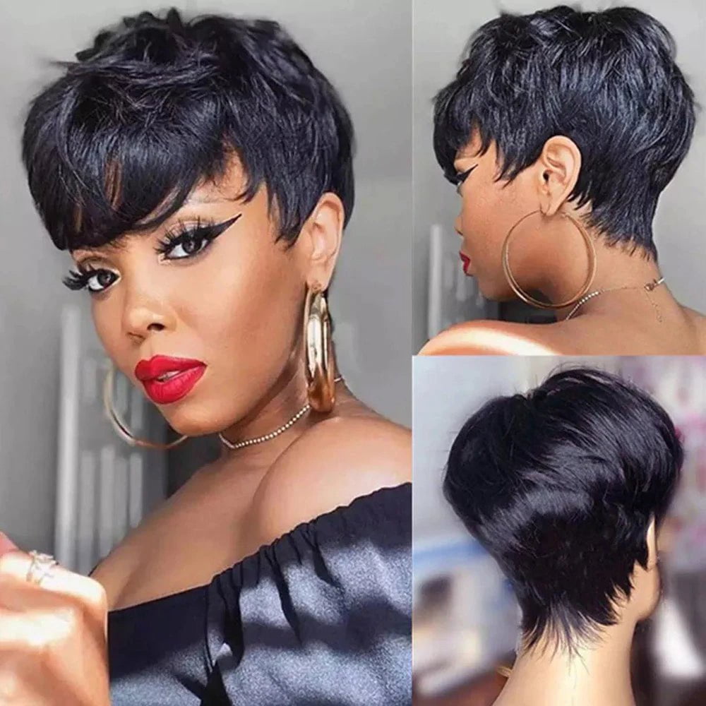 Storazone Short Pixie Cut Wig Human Hair For Black Women Machine Made Wigs With Bangs Glueless Wig Human Hair Wigs